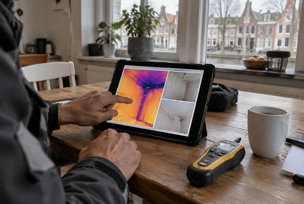 Lekdetectie Bilthoven – lekdetectierapport met warmtebeelden en foto's op een tablet