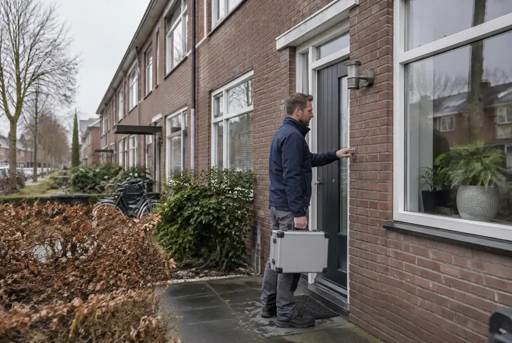 Lekdetectiespecialist met meetkoffer bij de voordeur van een woning in Bilthoven